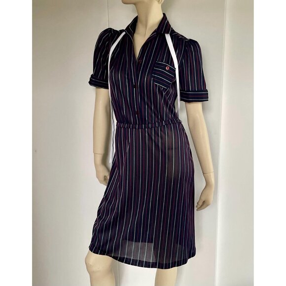 1970s Dress, Size M, Navy Pinstripe Midi Dress with Neck Tie - Picture 7 of 10